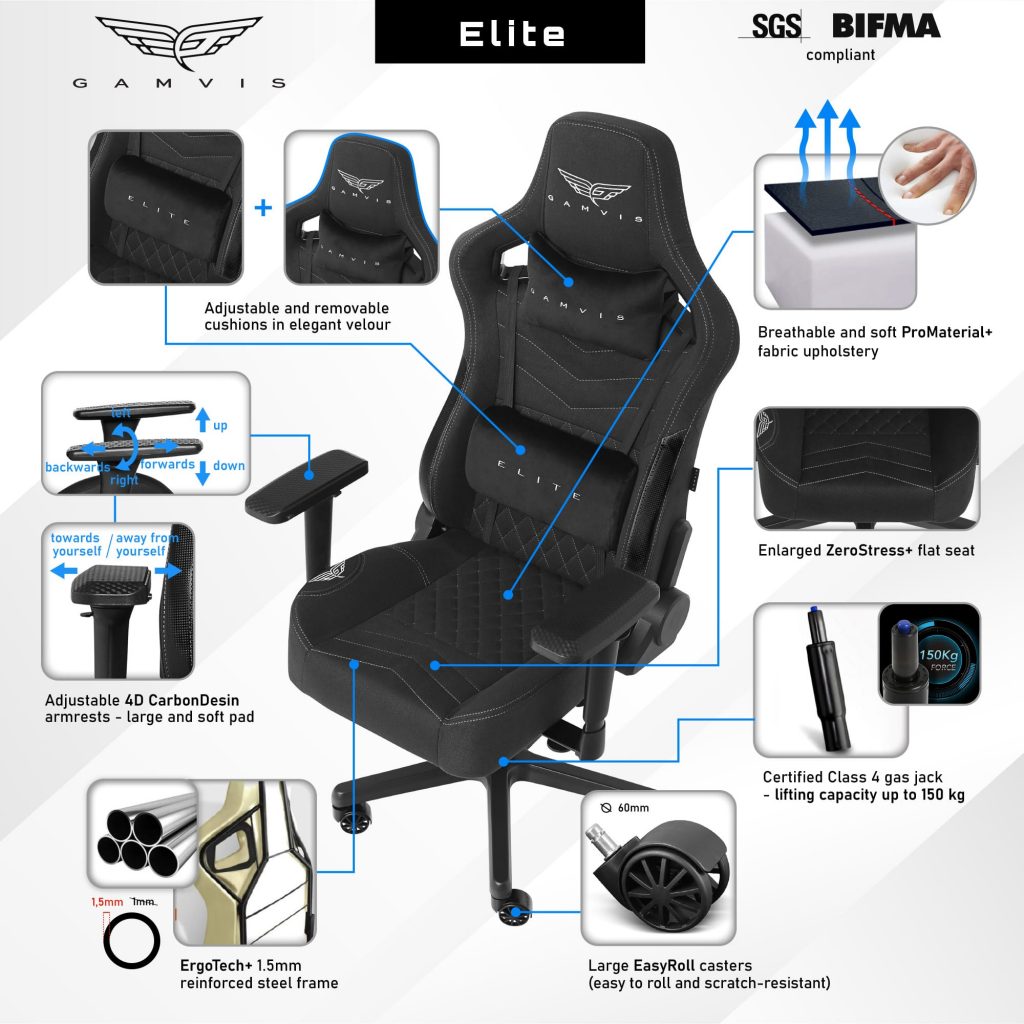 Gamvis ELITE 2.0 XL Fabric Gaming Chair – Black/Diamond White