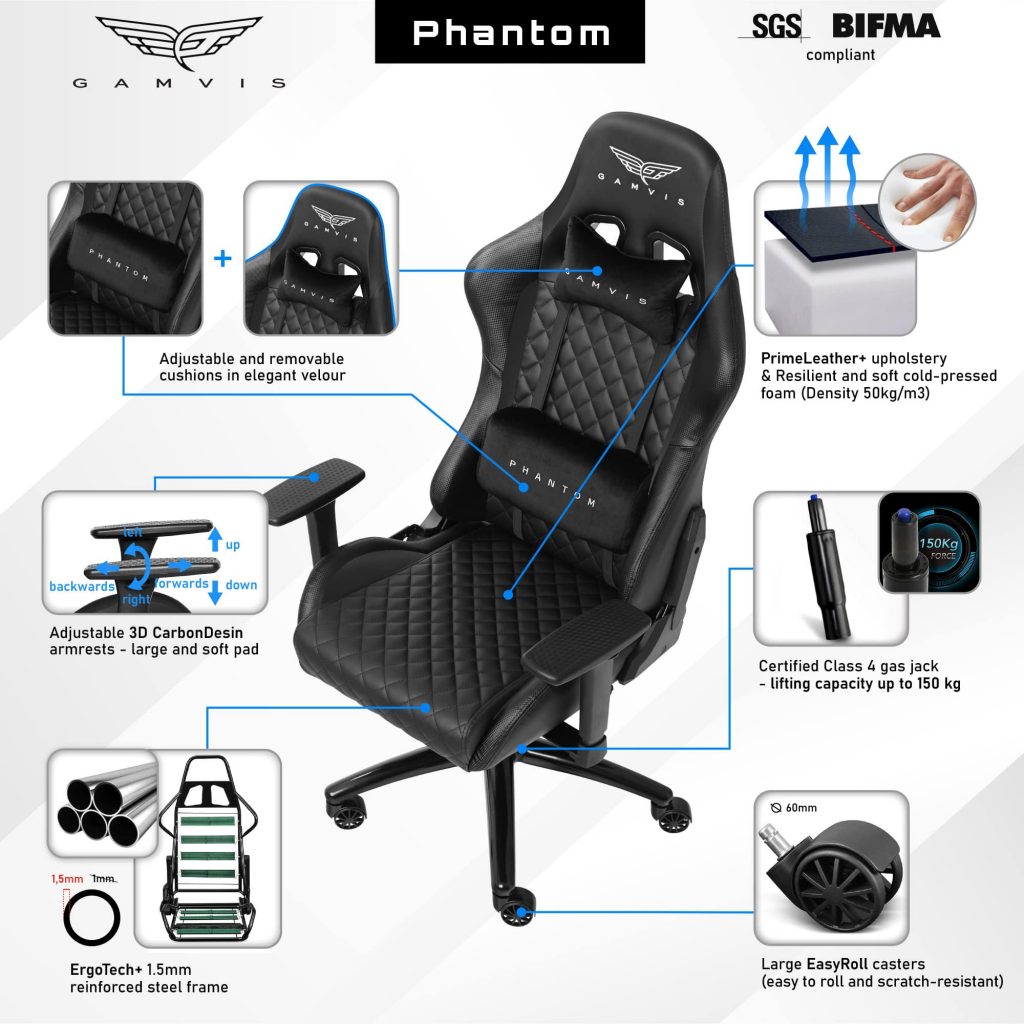 Gamvis phantom gaming chair quilted leather black